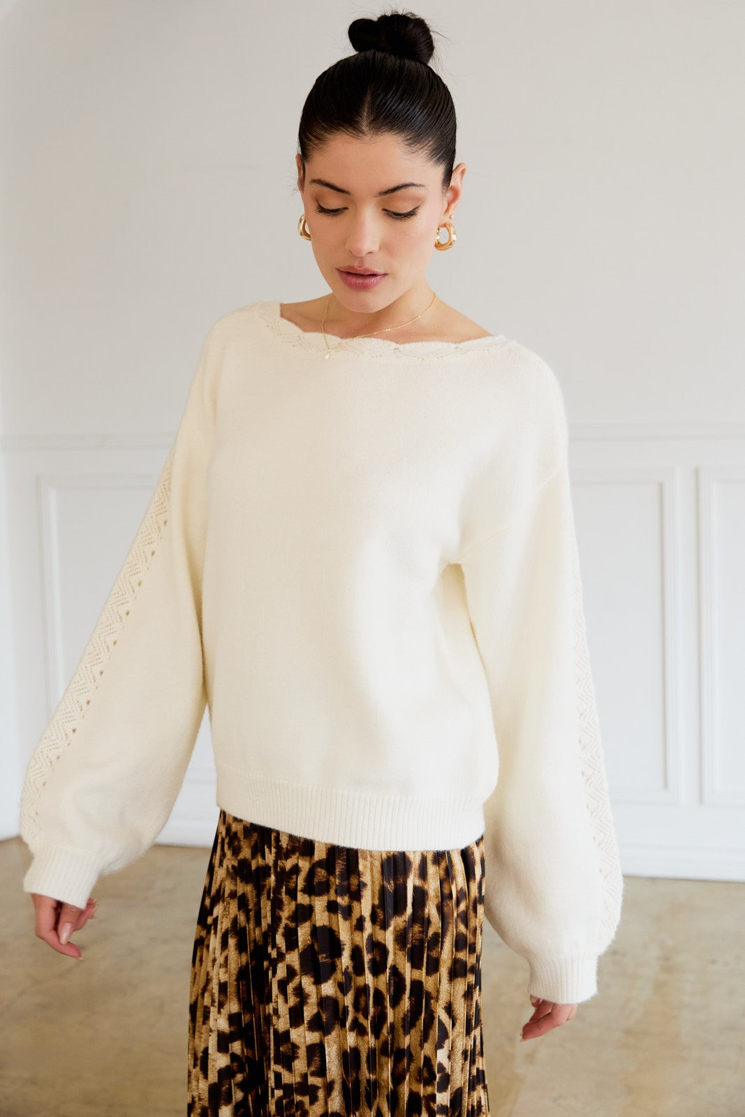 Cream Boat Neck Pointelle Detail Sweater