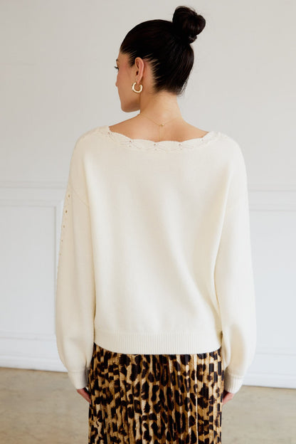 Cream Boat Neck Pointelle Detail Sweater