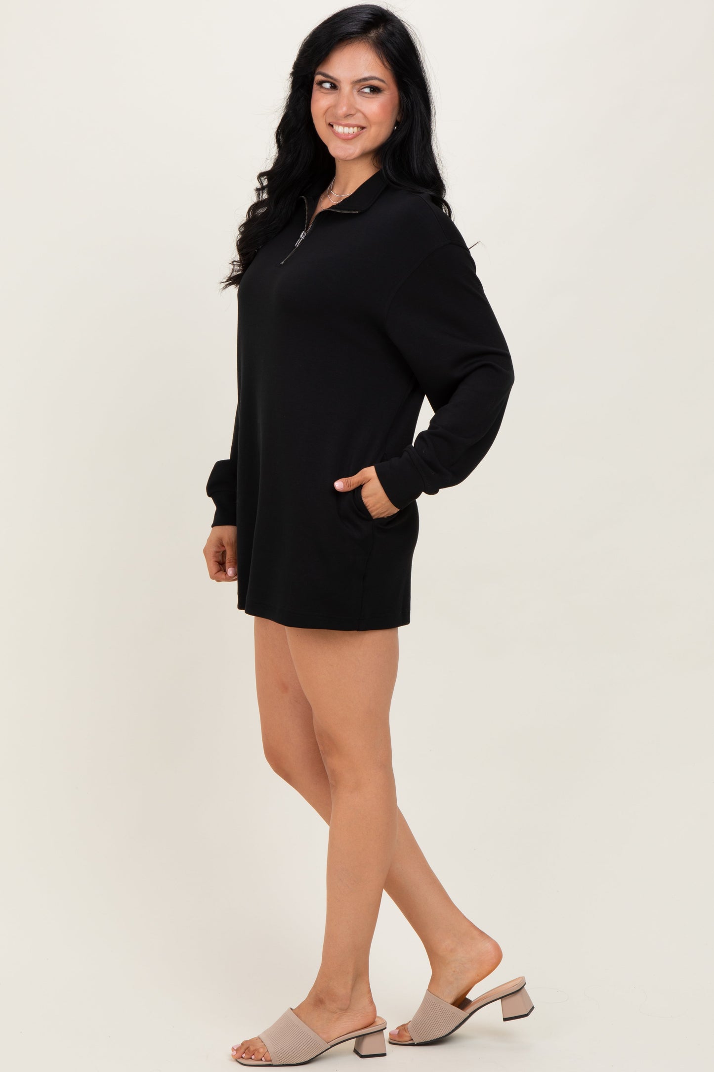 Black Half Zip Long Sleeve Mini Dress
