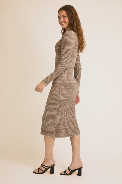 Mocha Striped Rib Knit Polo Sweater Dress