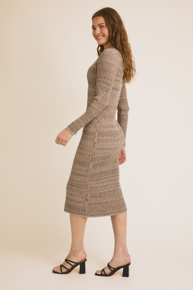 Mocha Striped Rib Knit Polo Sweater Dress