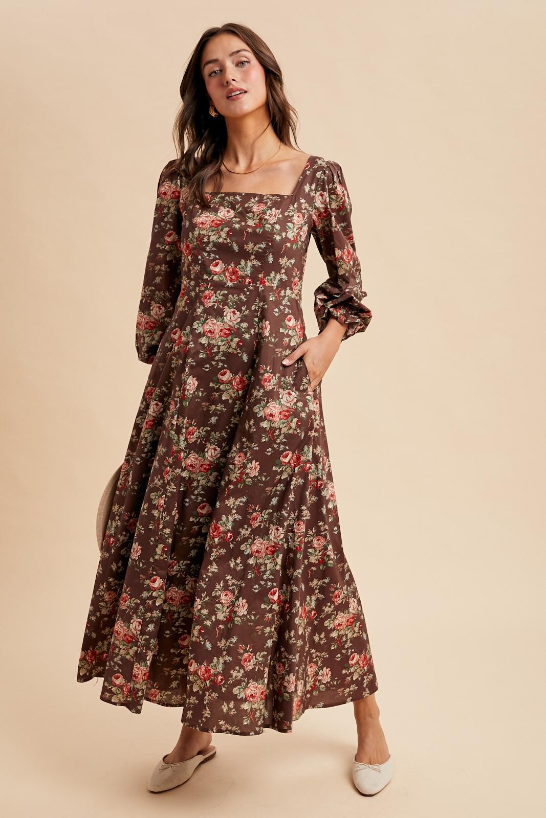 Brown Floral Square Neck Cotton Maxi Dress