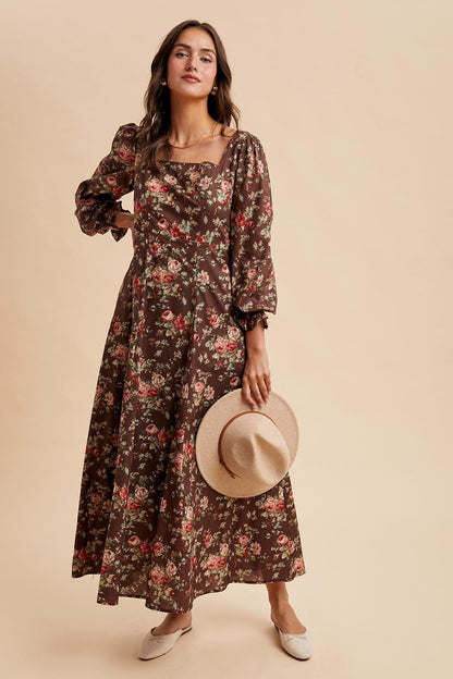Brown Floral Square Neck Cotton Maxi Dress