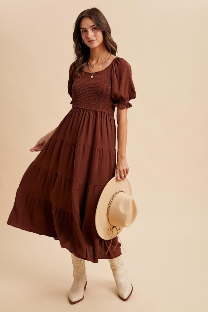 Brown Smocked Tiered Maternity Maxi Dress