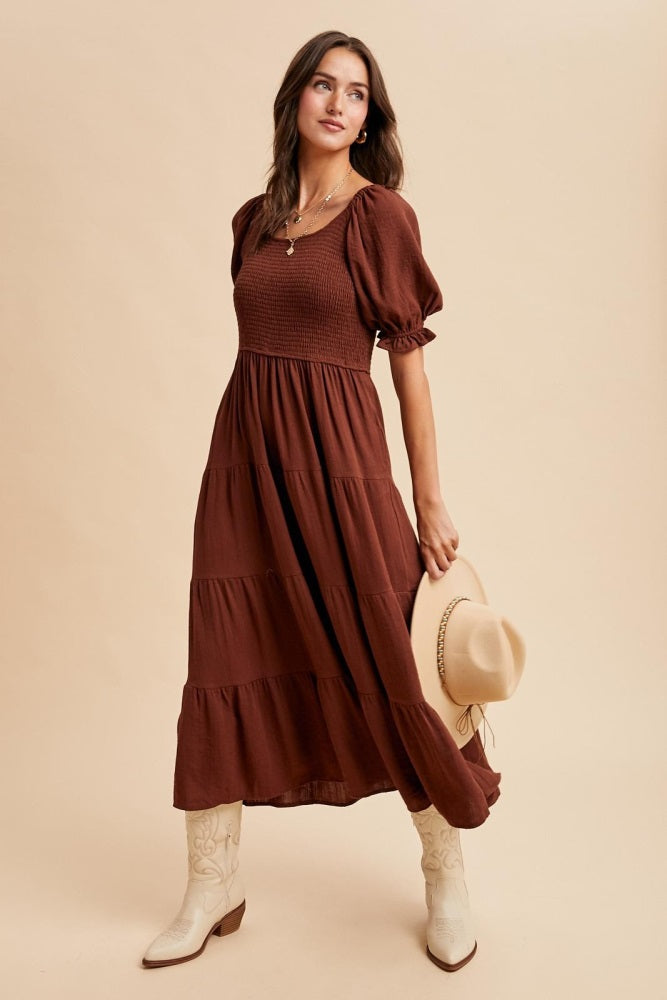 Brown Smocked Tiered Maxi Dress