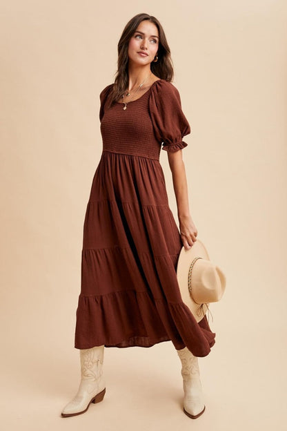 Brown Smocked Tiered Maxi Dress