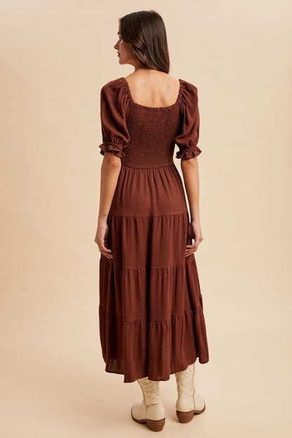 Brown Smocked Tiered Maxi Dress