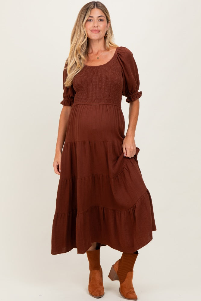 Brown Smocked Tiered Maternity Maxi Dress