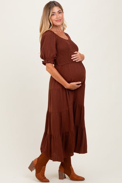 Brown Smocked Tiered Maternity Maxi Dress