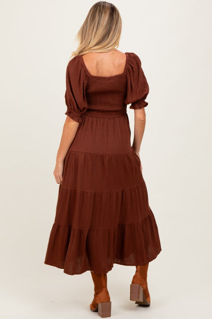 Brown Smocked Tiered Maternity Maxi Dress