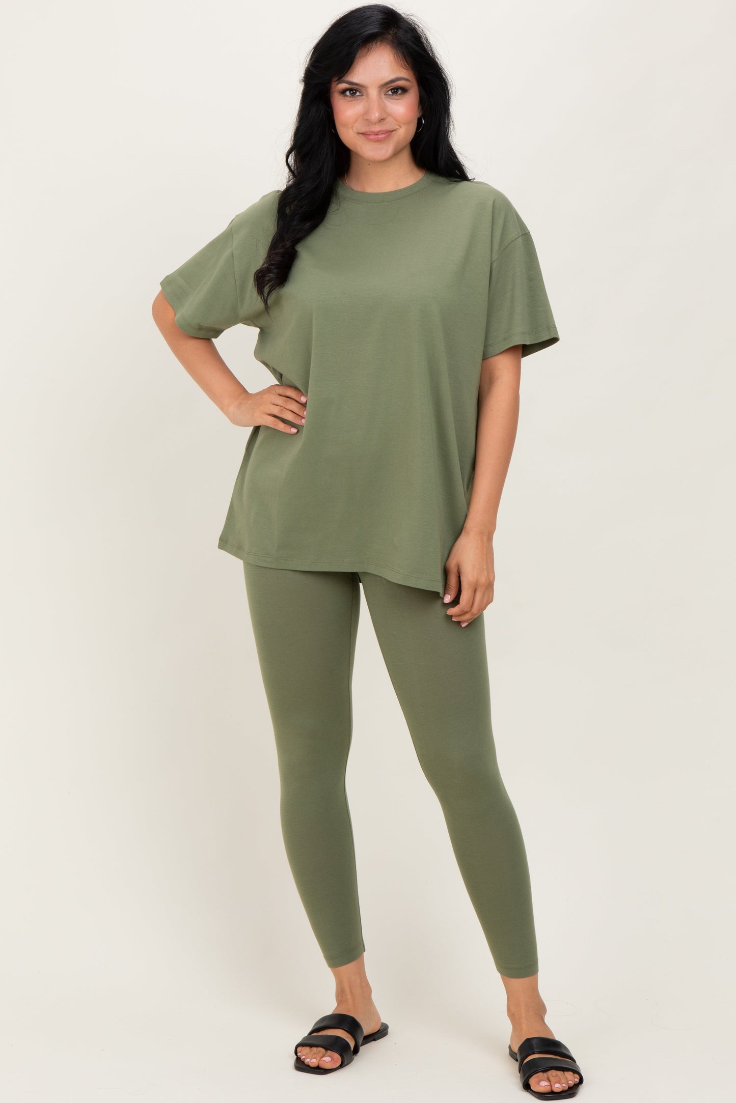 Light Olive Oversized Crewneck Short Sleeve and Legging Set