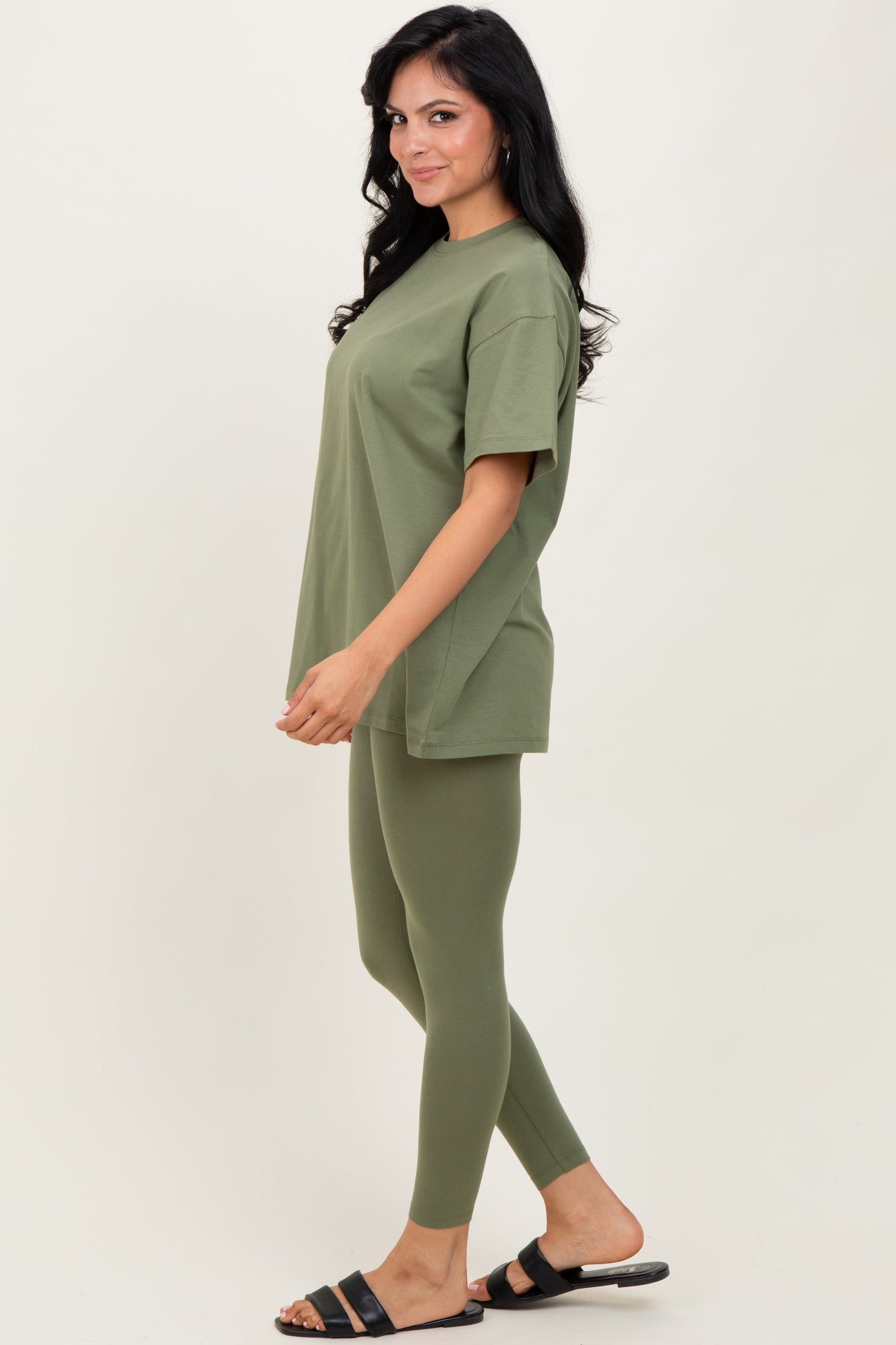 Light Olive Oversized Crewneck Short Sleeve and Legging Set