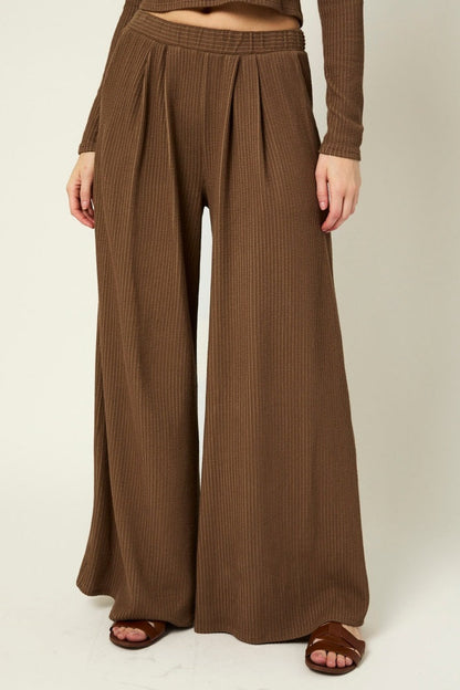 Coffee Long Sleeve Top Pleated Wide Leg Pants Texture Set