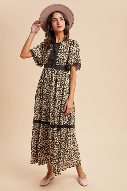 Black Rose Floral Lace Inset Button Up Maxi Dress