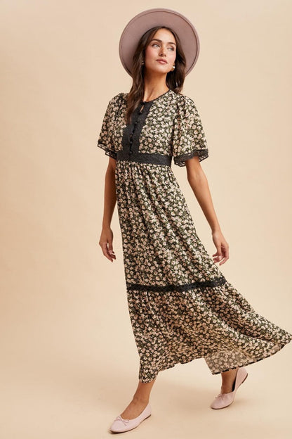 Black Rose Floral Lace Inset Button Up Maxi Dress