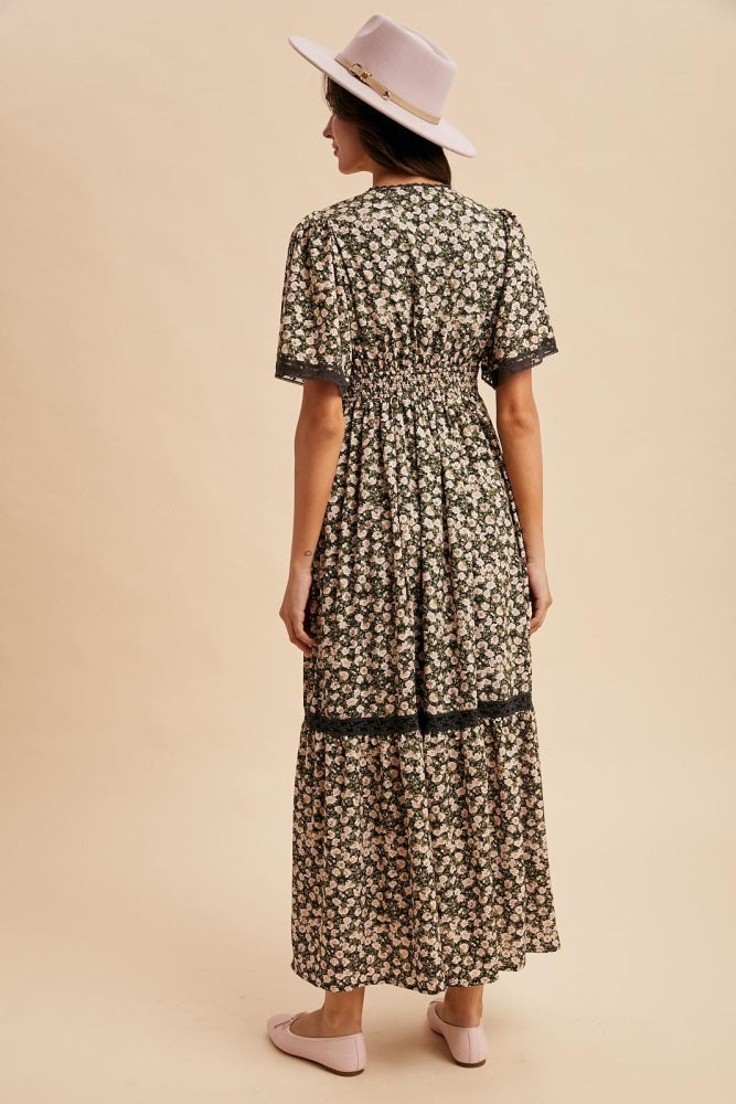 Black Rose Floral Lace Inset Button Up Maxi Dress