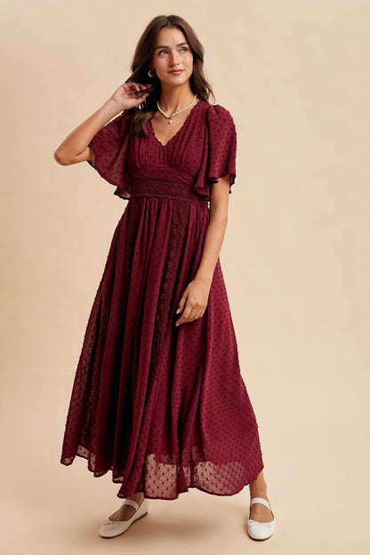 Burgundy Swiss Dot Crochet Lace Accent Maxi Dress