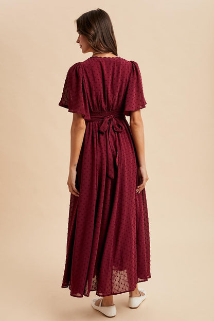 Burgundy Swiss Dot Crochet Lace Accent Maxi Dress