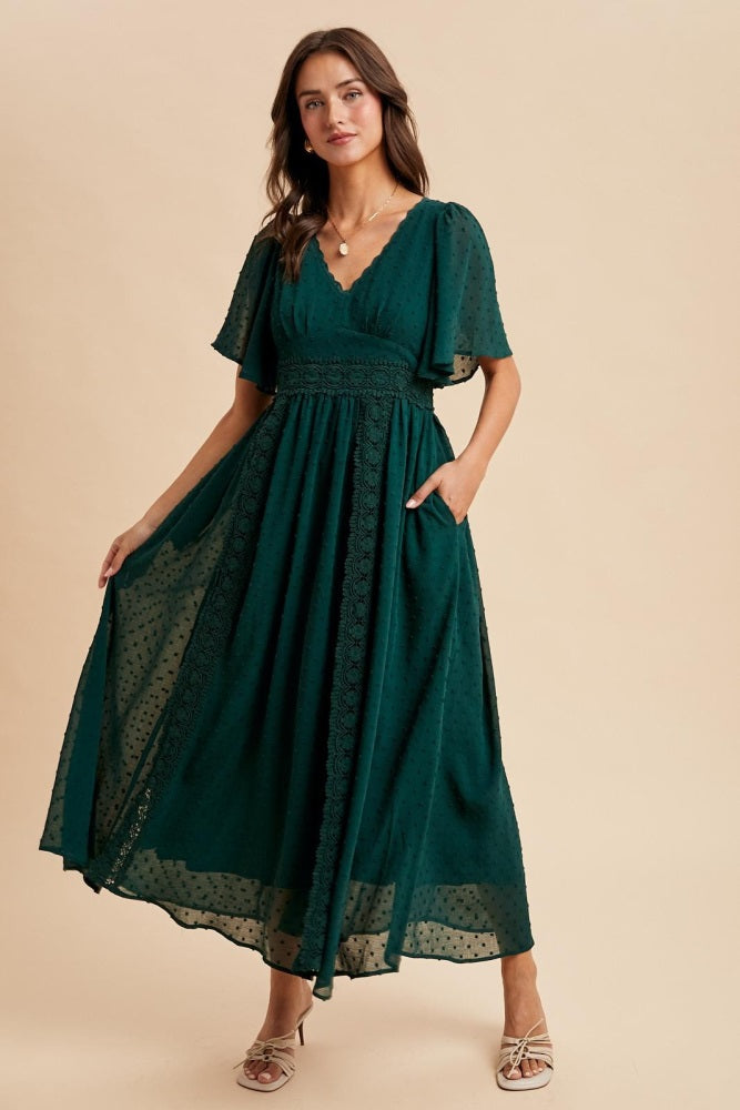 Forest Green Swiss Dot Crochet Lace Accent Maxi Dress