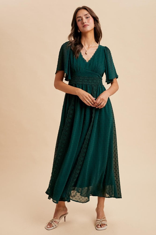 Forest Green Swiss Dot Crochet Lace Accent Maxi Dress