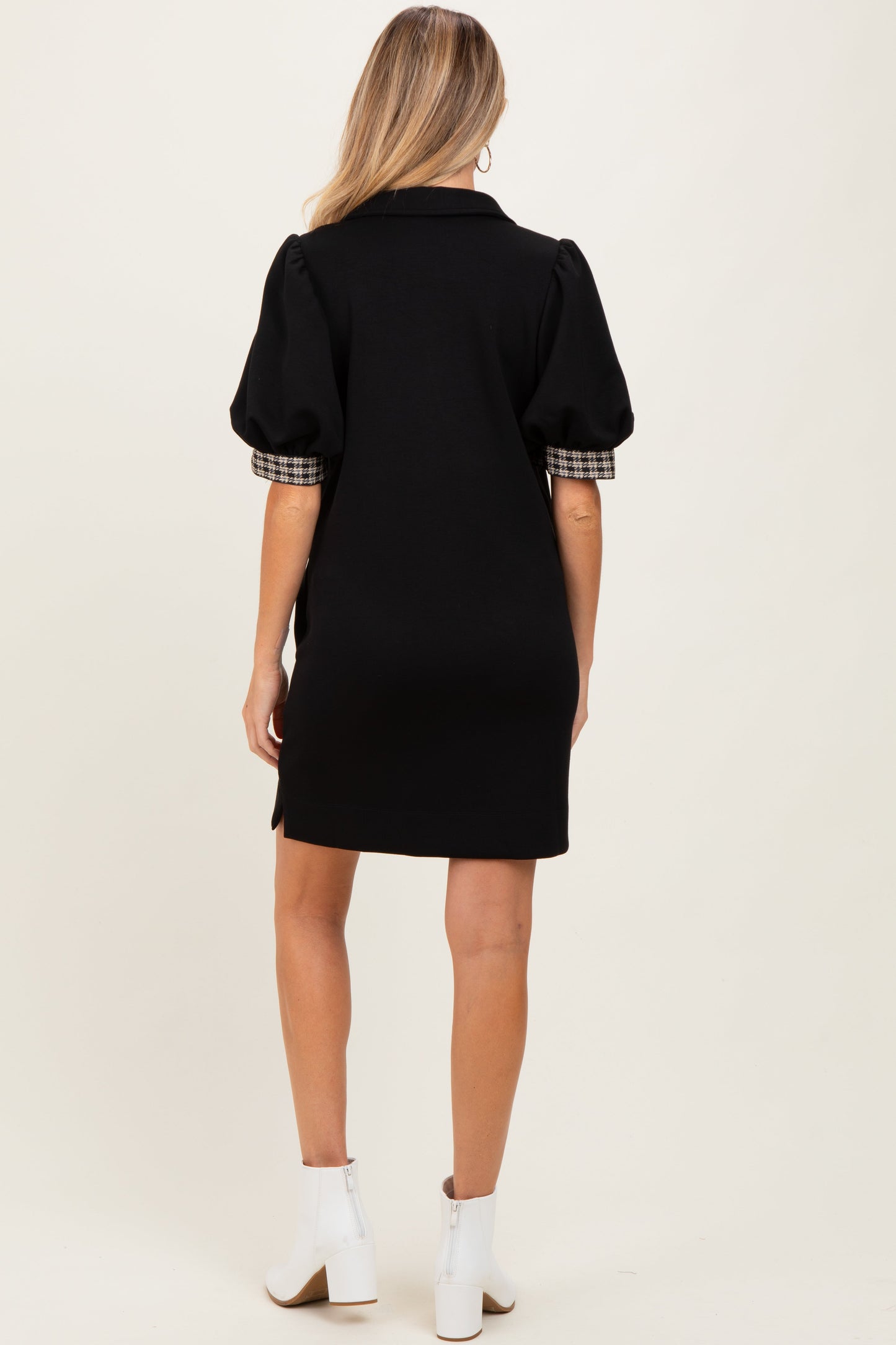 Black Plaid Accent Puff Sleeve Maternity Mini Dress