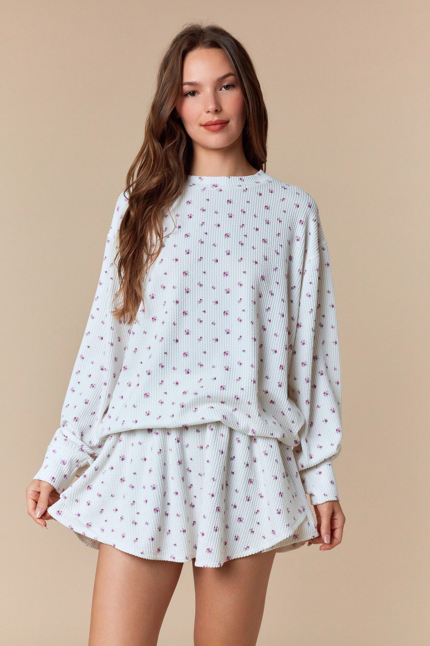 Magenta Floral Waffle Knit Oversized Long Sleeve Top