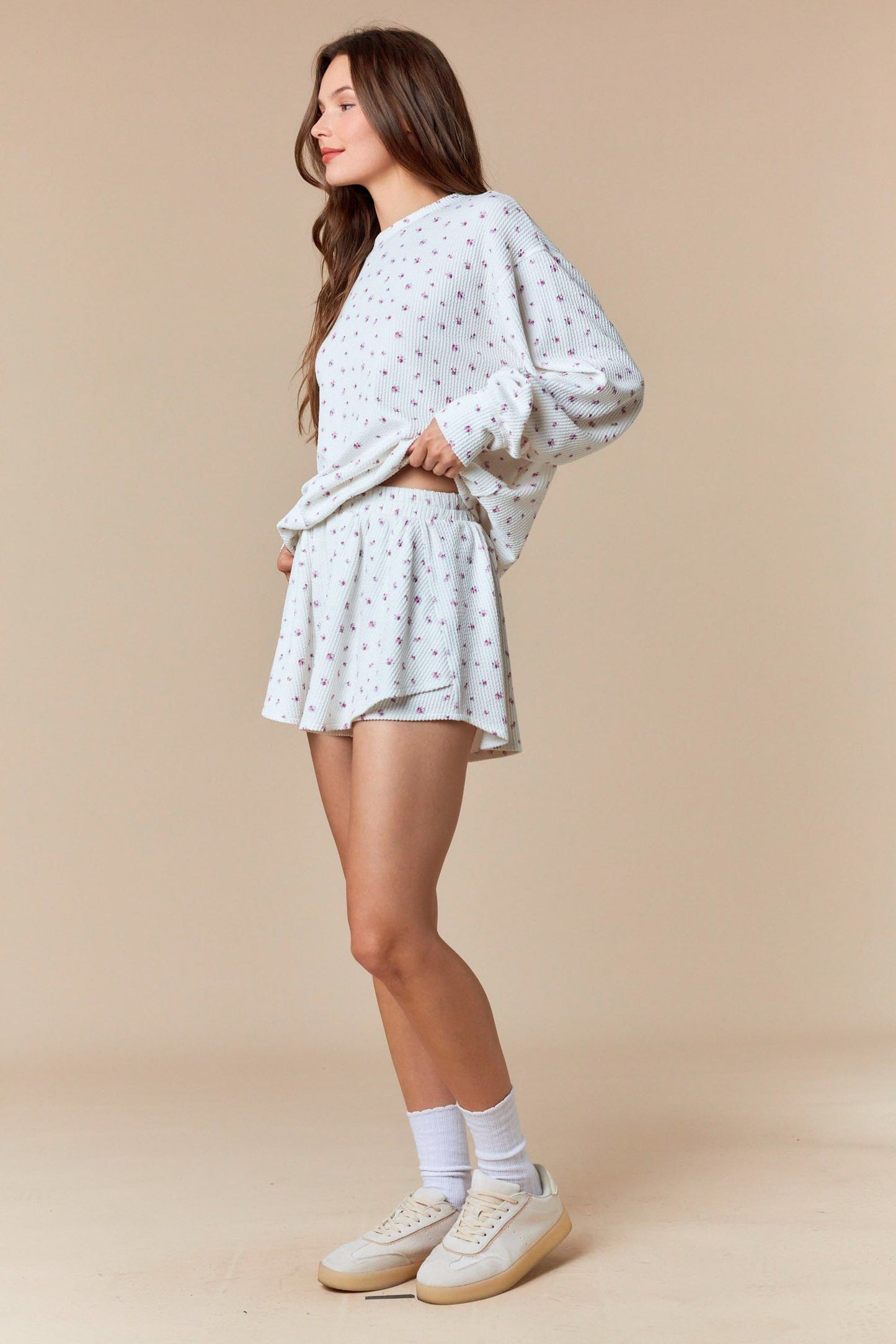 Magenta Floral Waffle Knit Oversized Long Sleeve Top