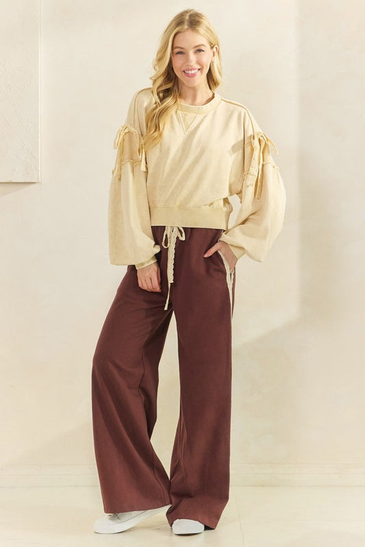 Brown Lace Stripe Drawstring Lounge Pants