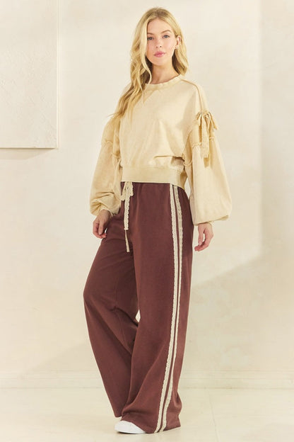 Brown Lace Stripe Drawstring Lounge Pants