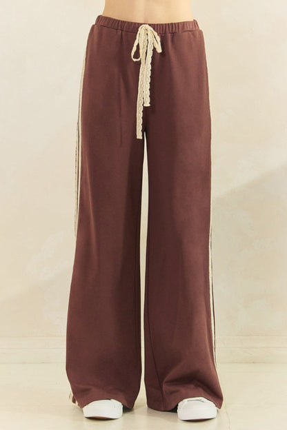 Brown Lace Stripe Drawstring Lounge Pants