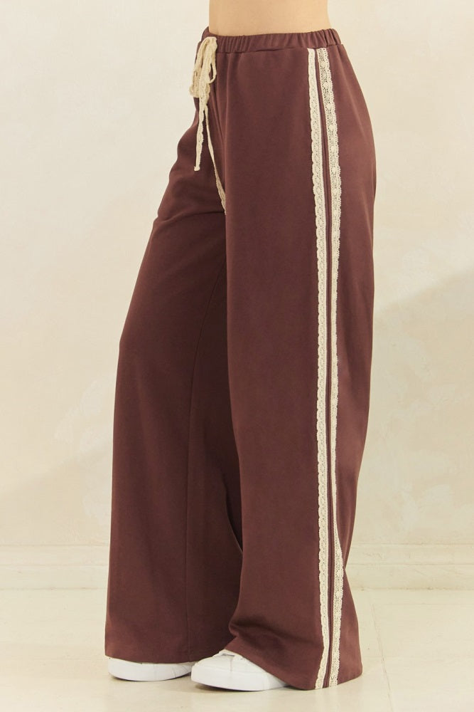 Brown Lace Stripe Drawstring Lounge Pants