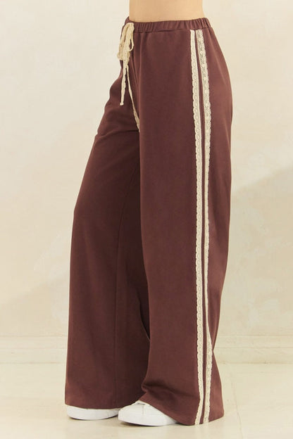 Brown Lace Stripe Drawstring Lounge Pants