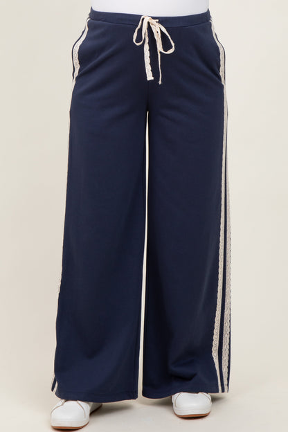 Navy Lace Stripe Drawstring Maternity Lounge Pants