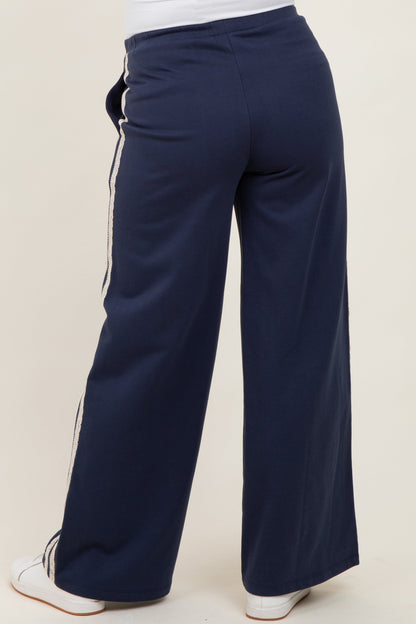 Navy Lace Stripe Drawstring Maternity Lounge Pants