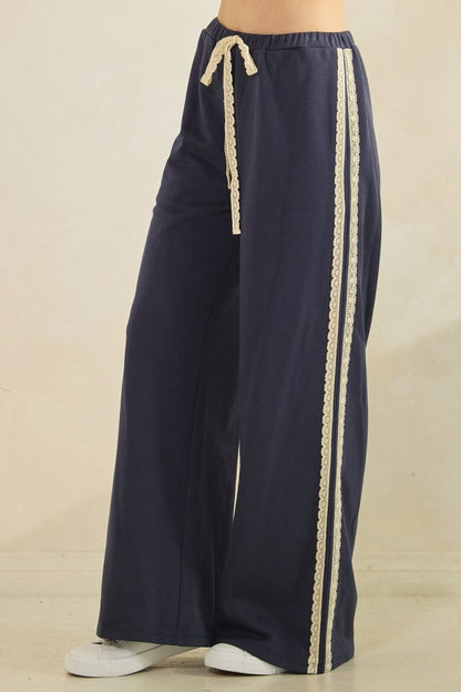 Navy Lace Stripe Drawstring Lounge Pants