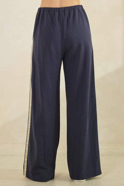 Navy Lace Stripe Drawstring Lounge Pants