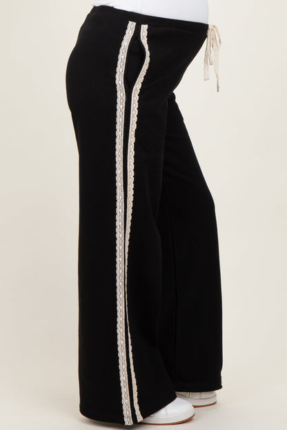 Black Lace Stripe Drawstring Maternity Lounge Pants