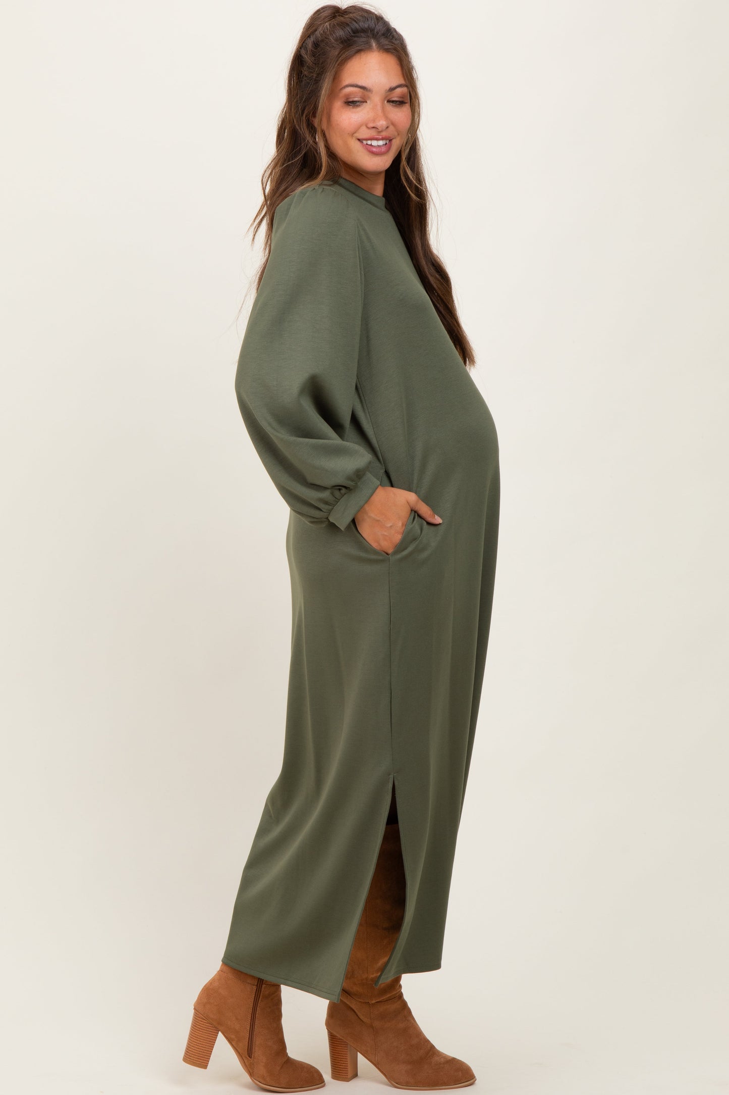 Olive Side Slit Detail Solid Maternity Midi Dress
