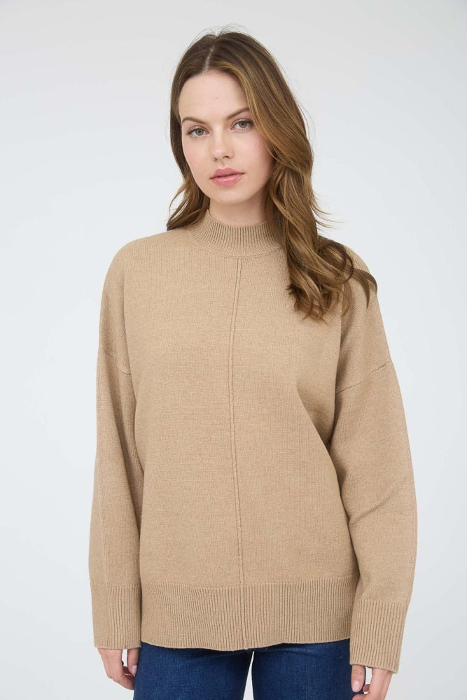 Camel Front Seam Mock Neck Sweater