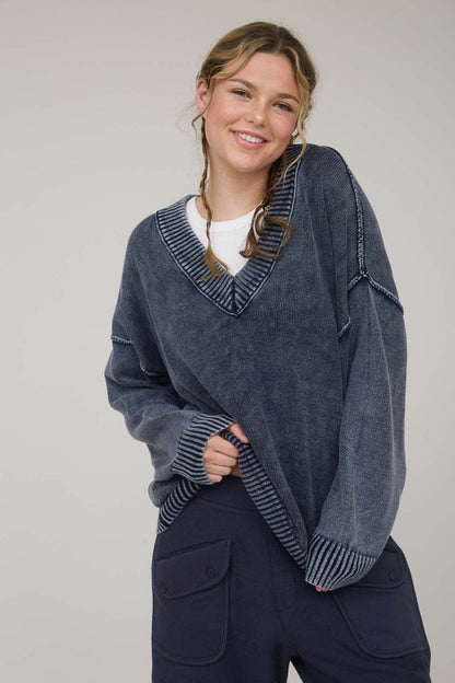 Navy Vintage Wash Oversized V-Neck Sweater