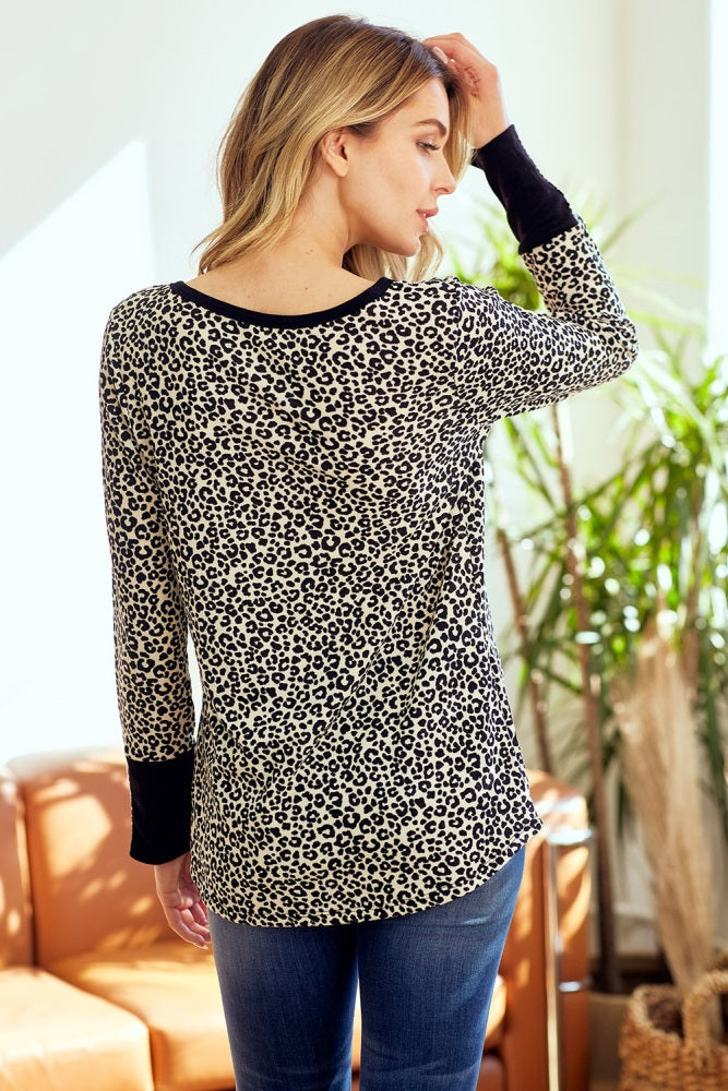 Cream Animal Print Henley Top