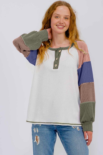 Olive Multi Textured Rib Colorblock Raglan Long Sleeve