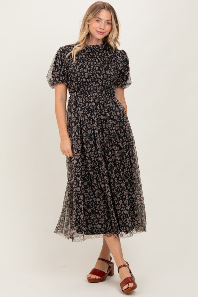 Black Floral Smocked Puff Sleeve Chiffon Midi Dress