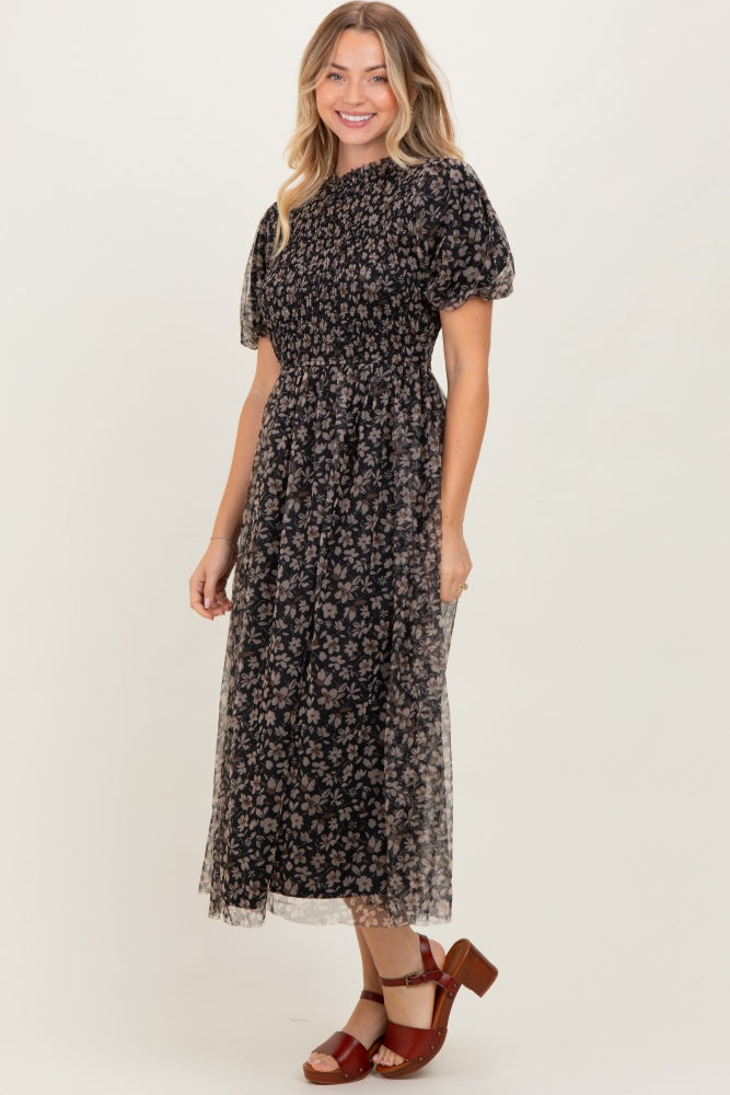 Black Floral Smocked Puff Sleeve Chiffon Midi Dress