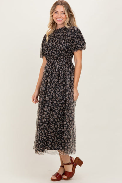 Black Floral Smocked Puff Sleeve Chiffon Midi Dress