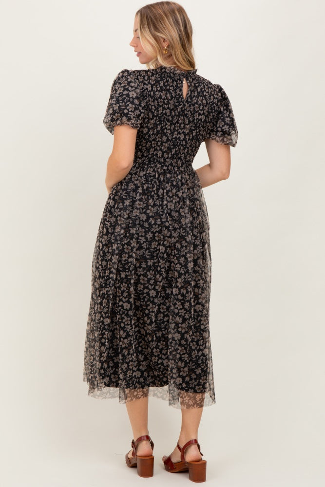 Black Floral Smocked Puff Sleeve Chiffon Midi Dress