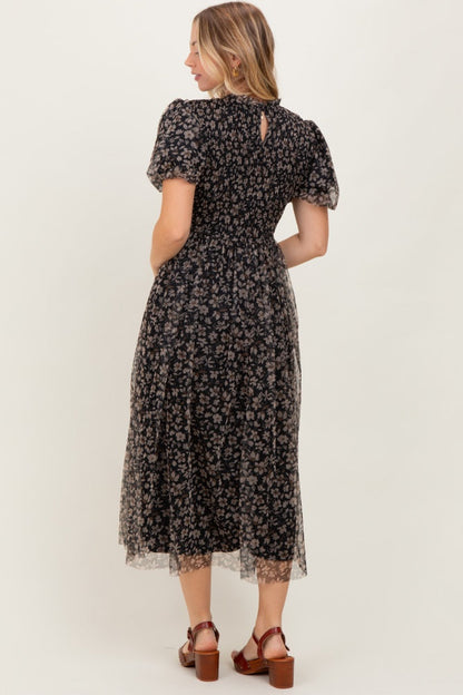 Black Floral Smocked Puff Sleeve Chiffon Midi Dress
