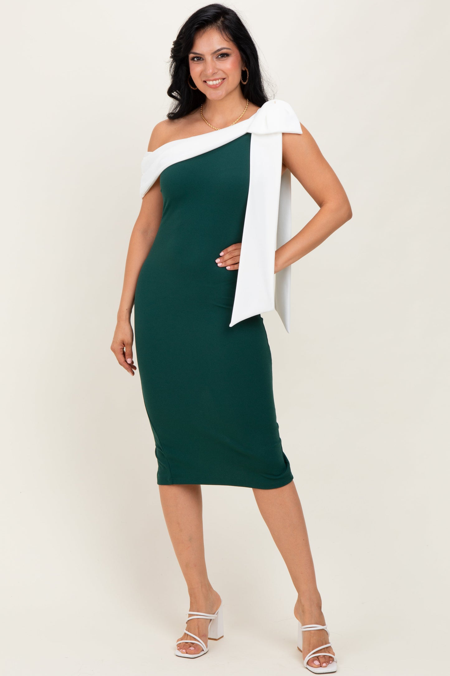 Forest Green Oversized Bow One Shoulder Midi Dress