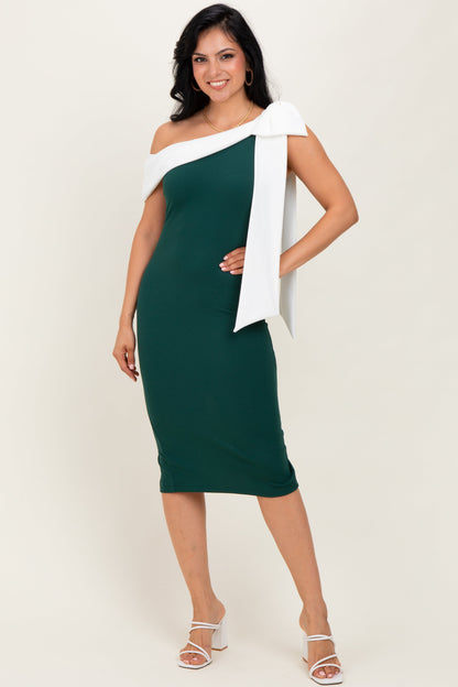 Forest Green Oversized Bow One Shoulder Midi Dress