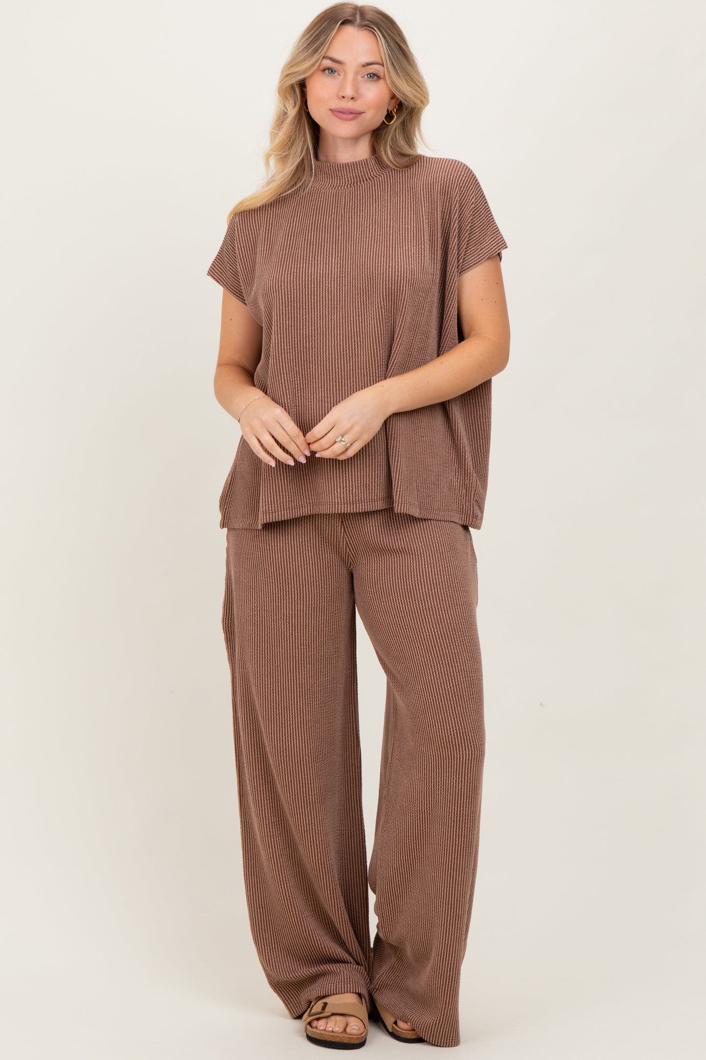 Mocha Textured Rib Mock Neck Short Sleeve Pant Set